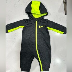 nike gray neon green baby jumpsuit one piece with zipper. bodysuit 3-6 months .